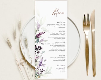 Modelo de menu de casamento com estampa floral lavanda, para imprimir (download instantâneo)