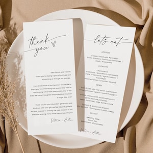 Menú minimalista y plantilla de carta de agradecimiento, nota de servilleta de boda, menú de boda gracias, lugar moderno gracias, nota de agradecimiento