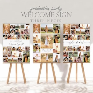 May include: Three-piece graduation party welcome sign with a collage of photos. Each sign features a wooden easel. The signs read "graduation party WELCOME SIGN THREE PIECES". One sign says "CELEBRATING Jessica Smith", and another says "she did it GRADUATE".