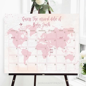 L'aventure attend l'accouchement Calendrier Devinez l'anniversaire de bébé Carte du monde Thème du voyage Valise rose Globe Prédication de bébé Shower de bébé fille