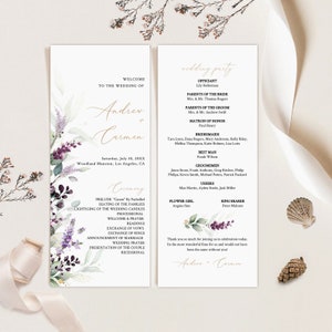 Minimalistische bruiloftsprogrammasjabloon, lavendel bruiloftsprogramma, groen huwelijksceremonieprogramma, afdrukbare download van het bruiloftsprogramma, bloemen