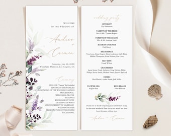 Minimalist Wedding Program Template, Lavender Wedding Program, Greenery Wedding ceremony Program, Printable wedding program download, floral