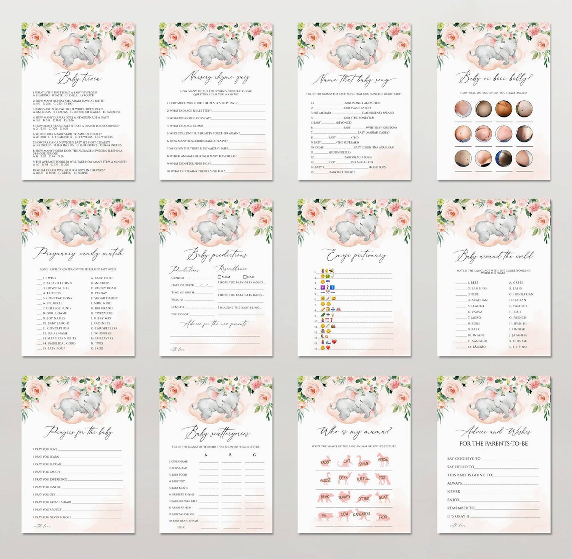 Elephant Baby Shower Games Printable Game Bundle Pink Elephant - Etsy