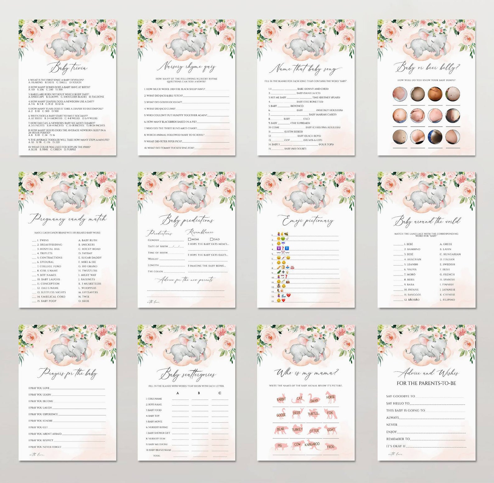 Elephant Baby Shower Games Printable Game Bundle Pink Elephant - Etsy