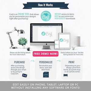 May include: How Corjl works: an online tool that allows you to personalize your designs after purchasing.  The image shows a computer screen, a tablet, and a smartphone, all displaying the Corjl logo.  The text on the screen says "Free Demo Now!" and describes the steps to purchase, personalize, and print your designs.  The text also says "Edit easily on phone, tablet, laptop or PC without installing any software or fonts!"