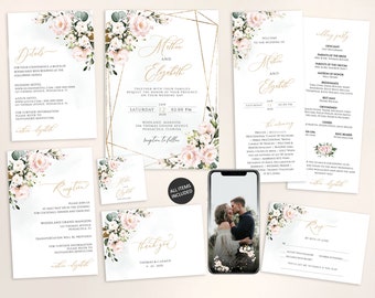 Floral Wedding Invitation Template Set, Merlot Theme (Instant Download)