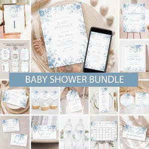 French Chinoiserie Baby Shower Invitation Bundle, Baby Shower Games, Editable Blue Floral baby Shower Invite, Welcome Sign, Toile De Jouy
