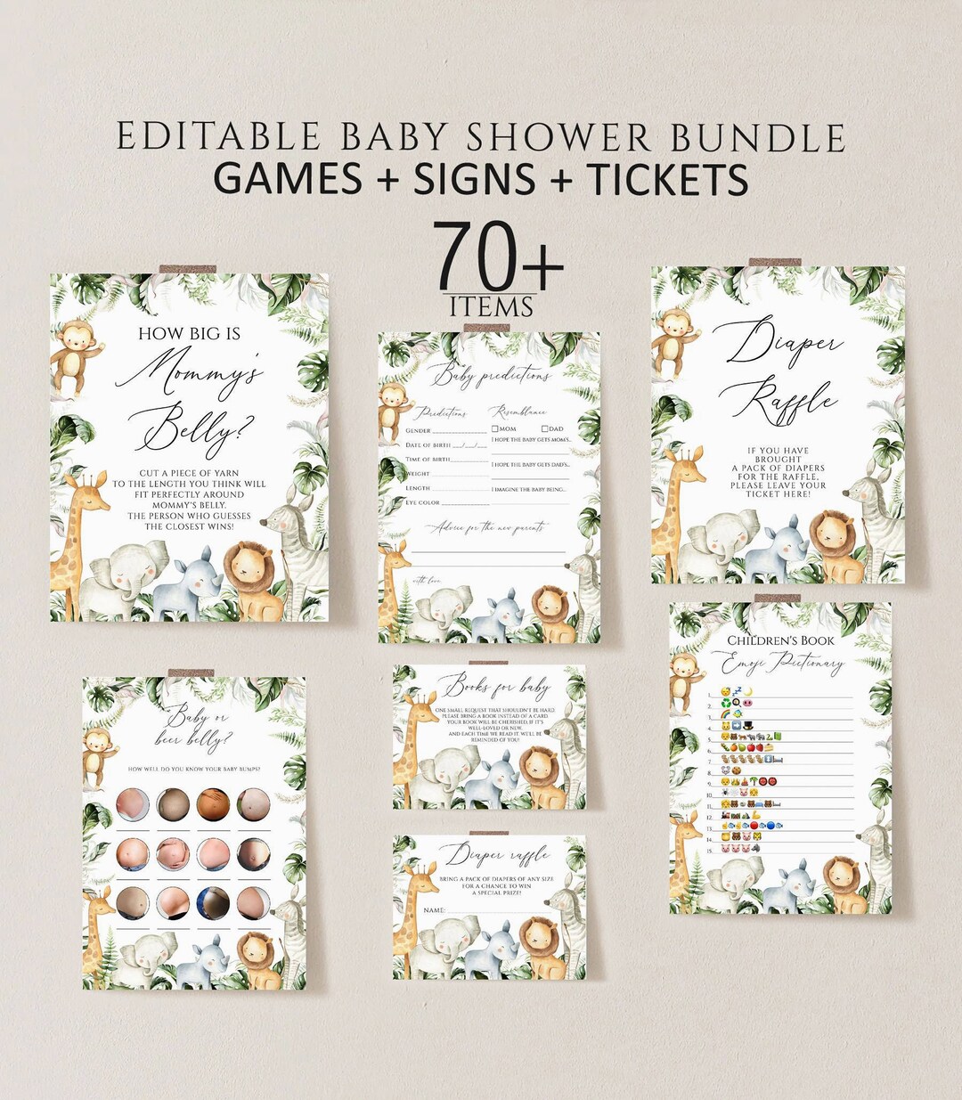 Safari Baby Shower Games Bundle, Jungle Baby Games Bundle, Safari