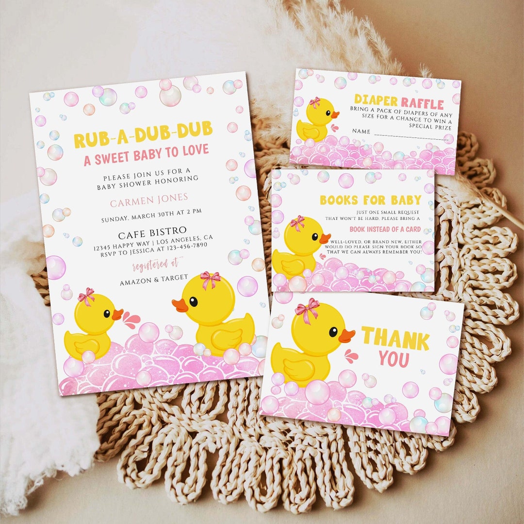 Pink Rubber Duck Baby Shower Invitation Set, Editable Rubber Ducky Girl ...