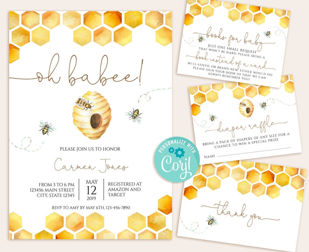 Baby Shower Invitation Bundle, Bee Baby Shower Invite Set, Girl or Boy ...