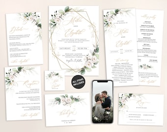 Geometric Greenery Wedding Invitation, Boho Watercolor Eucalyptus Wedding Invite Template, Bohemian Wedding Suite, Instant Download , yv434