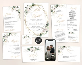 Boho Eucalyptus Wedding Invitation Template, Greenery Wedding Suite (Instant Download)