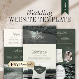 Könnte beinhalten: Eine Hochzeit Website-Vorlage mit einem dunkelgrünen und cremefarbenen Farbschema. Das Design umfasst Abschnitte für Hochzeitsdetails, RSVP und Registrierung. Der Text "Wedding WEBSITE TEMPLATE" steht oben, und das Canva-Logo befindet sich oben rechts.