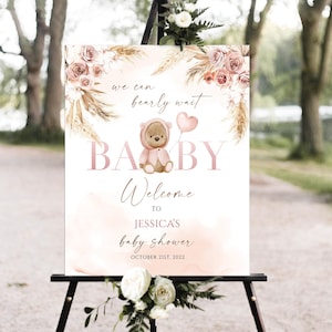 Baby-Dusche-Willkommens-Schild, Baby-Dusche-Schild, bearbeitbares Willkommensschild, rosa Teddybär-Baby-Dusche-Willkommensschild, Pampasgras-Willkommensschild