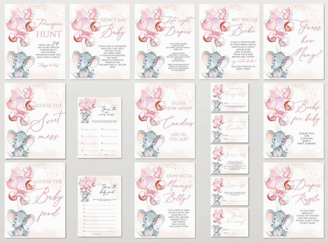 Elephant Baby Shower Games Printable Game Bundle Pink Elephant - Etsy