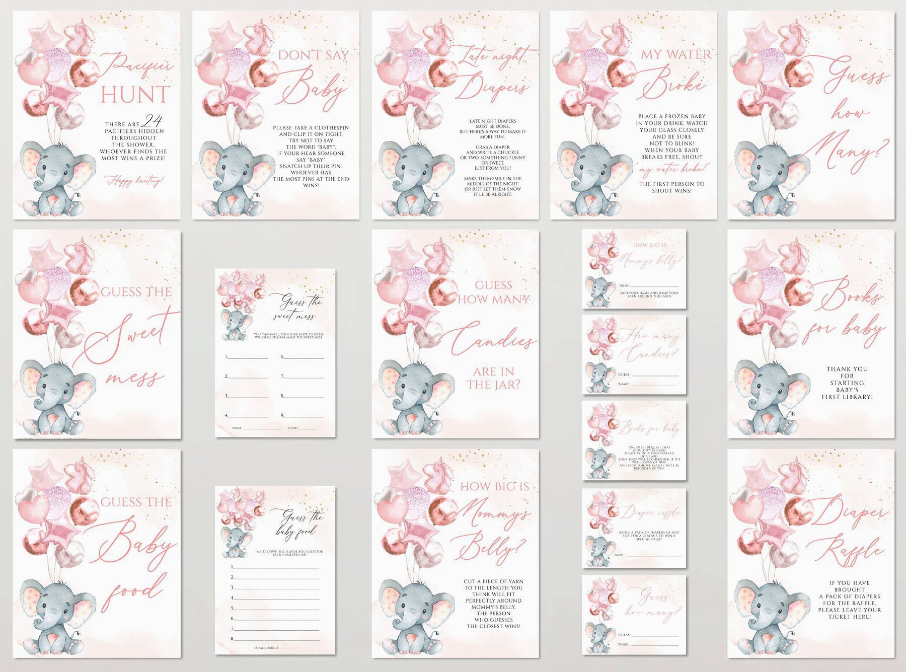 Elephant Baby Shower Games Printable Game Bundle Pink Elephant - Etsy