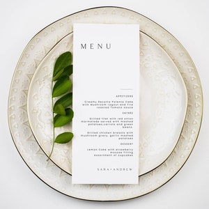 Minimalistische bruiloft menusjabloon, moderne script bruiloft dinermenu downloaden, afdrukbare, digitale download, receptie dinermenu bewerkbaar,