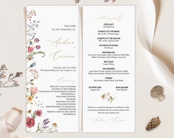 May include: Wedding ceremony program with floral border. The program includes the names of the wedding party, the officiant, and the order of events. The program is printed on white paper with gold and brown text.