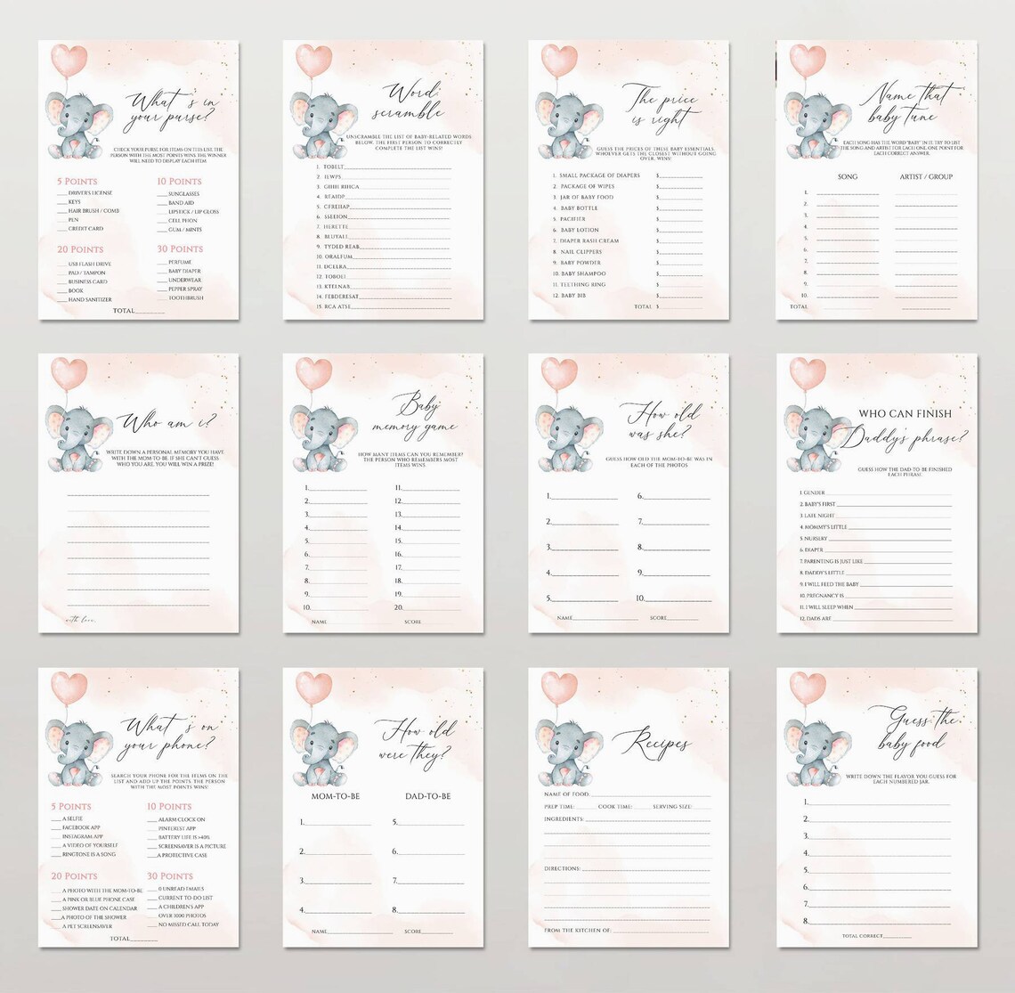 Elephant Baby Shower Games Printable Game Bundle Pink Elephant - Etsy