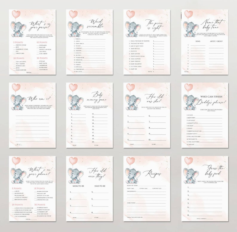 Elephant Baby Shower Games Printable Game Bundle Pink Elephant - Etsy
