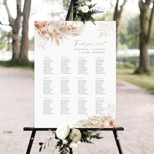 Bruiloft zitplaatsen grafiek sjabloon, pampas gras bruiloft zitplaatsen grafiek afdrukbare, Boho bruiloft zitplaatsen grafiek downloaden, bruiloft zitplaatsen plan