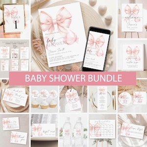Pink Bow Baby Shower Invitation Bundle Printable, Pink Bow Invitation, Editable Games, Welcome Sign,Pink Coquette Bow Baby Girl Shower Signs