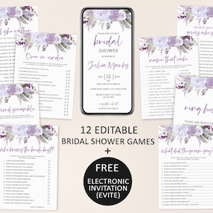 Bridal Shower Games, Bridal Shower Games Bundle, Lilac Lavender, Editable Bridal Shower Games, Bridal Shower Games Lilac Floral Game, uj34