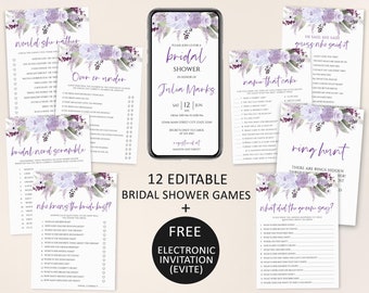 Lilac Floral Bridal Shower Games Bundle, Editable Template (Digital Download)