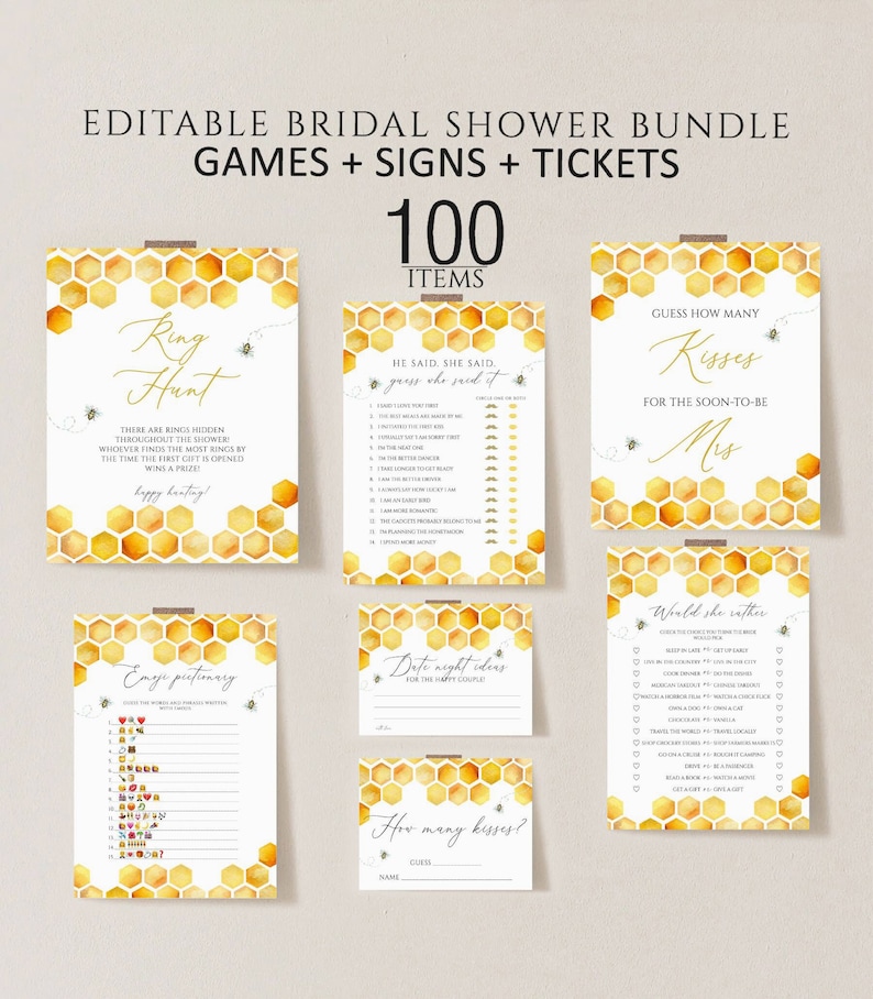 May include: A collection of printable bridal shower games and signs. The designs feature a honeycomb pattern with watercolor accents and bee illustrations. The bundle includes games like "Ring Hunt" and "Guess How Many Kisses."