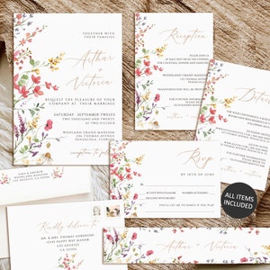 Wildflower Wedding Invitation Set, Printable Wedding Invitation template, Wedding invitation, Editable Floral Wedding Invite, Wedding suite image 8