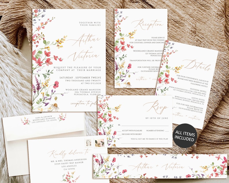 Wildflower Wedding Invitation Set, Printable Wedding Invitation template, Wedding invitation, Editable Floral Wedding Invite, Wedding suite image 8