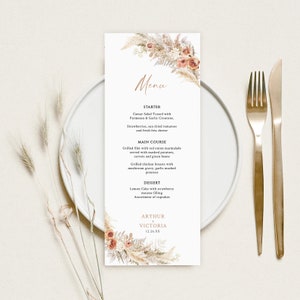 Szablon menu weselnego, menu weselne z trawy pampasowej, nowoczesne menu weselne, menu weselne do druku, szablon menu boho do pobrania natychmiast