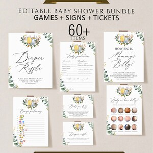 May include: A set of printable baby shower games and signs with a watercolor floral design. The games include "Diaper Raffle", "How Big is Mommy's Belly?", "Baby or Beer Belly?", "Emoji Pictionary", "Books for Baby", and "Baby Predictions".