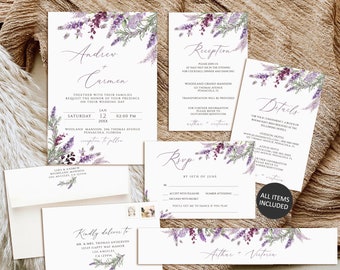 Lavender wedding invitation set, Lavender wedding invitation template, Printable Wedding Invitation Suite, Floral Wedding Invite Download