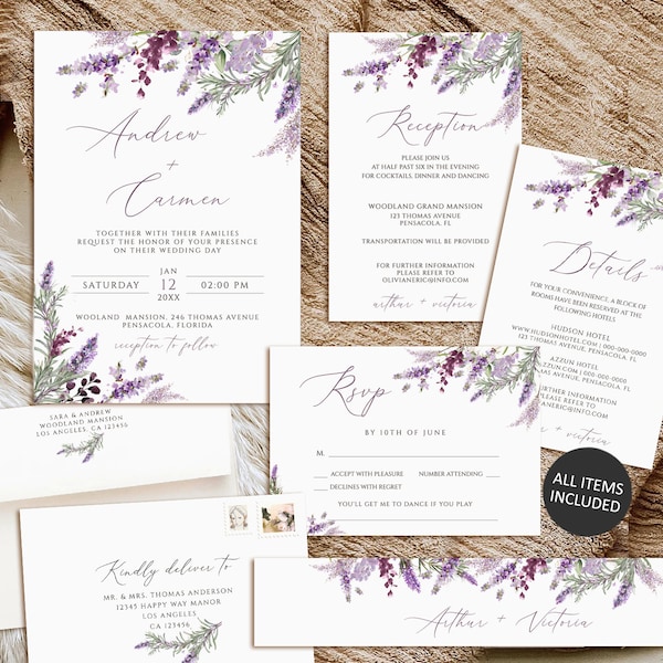 Lavender wedding invitation set, Lavender wedding invitation template, Printable Wedding Invitation Suite, Floral Wedding Invite Download