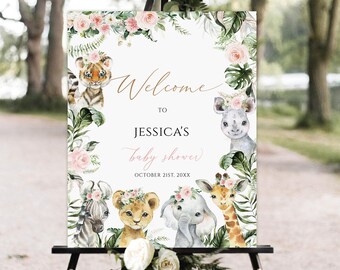 Safari Baby Shower Welcome Sign Template, Jungle Animals (Editable)