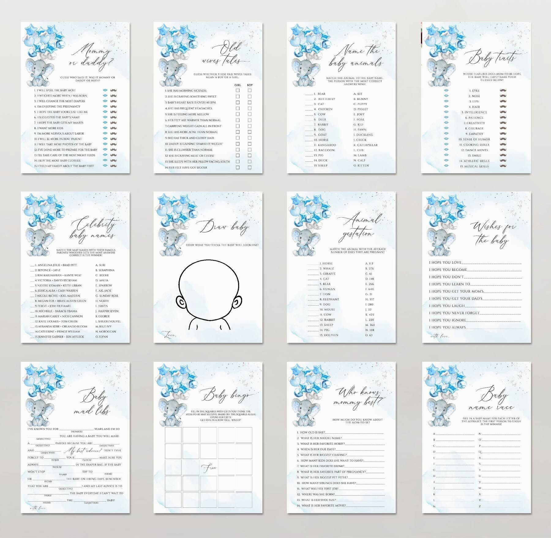 Editable Baby Shower Games Bundle Blue Elephant Instant - Etsy