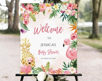 Editable Pineapple Baby Shower Welcome Sign, Tropical Floral Poster (Digital Download)