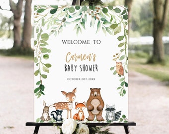 Woodland Baby Shower Welcome Sign, Welcome sign, baby shower sign, Woodland Animals Baby Shower, Greenery baby shower, Signe imprimable,