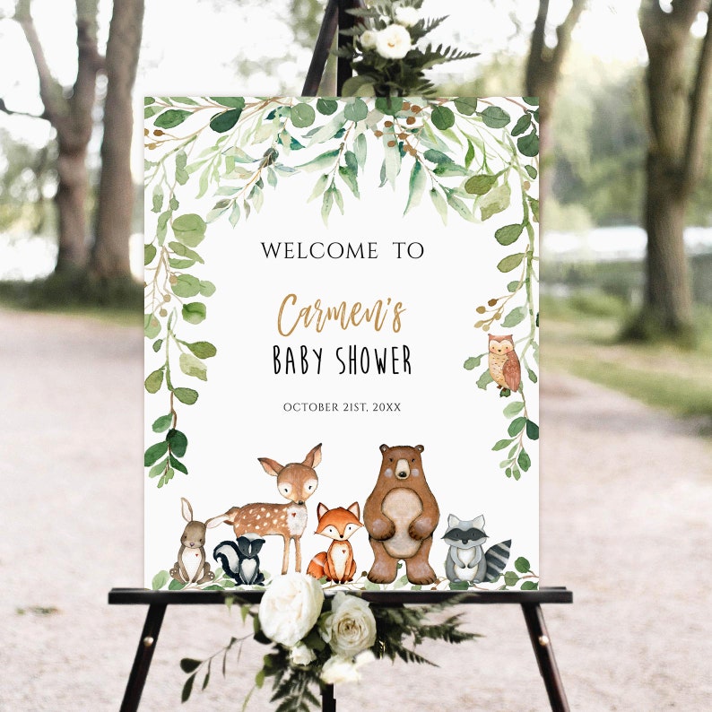 Woodland Baby Shower Welcome Sign, Welcome sign, baby shower sign, Woodland Animals Baby Shower, Greenery baby shower, Printable sign, image 1