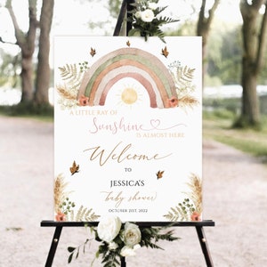 Regenbogen-Baby-Dusche-Willkommens-Zeichen, Willkommensschild, Baby-Dusche-Zeichen, Boho-Baby-Dusche, Pampasgras-Baby-Dusche-Zeichen, druckbares Willkommensschild,