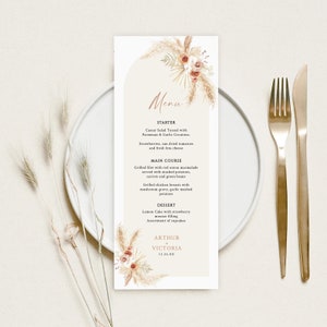 Modèle de menu de mariage, menu de mariage d'herbe de pampa, menu de mariage moderne, menu de mariage imprimable, modèle de menu de mariage Boho, téléchargement immédiat
