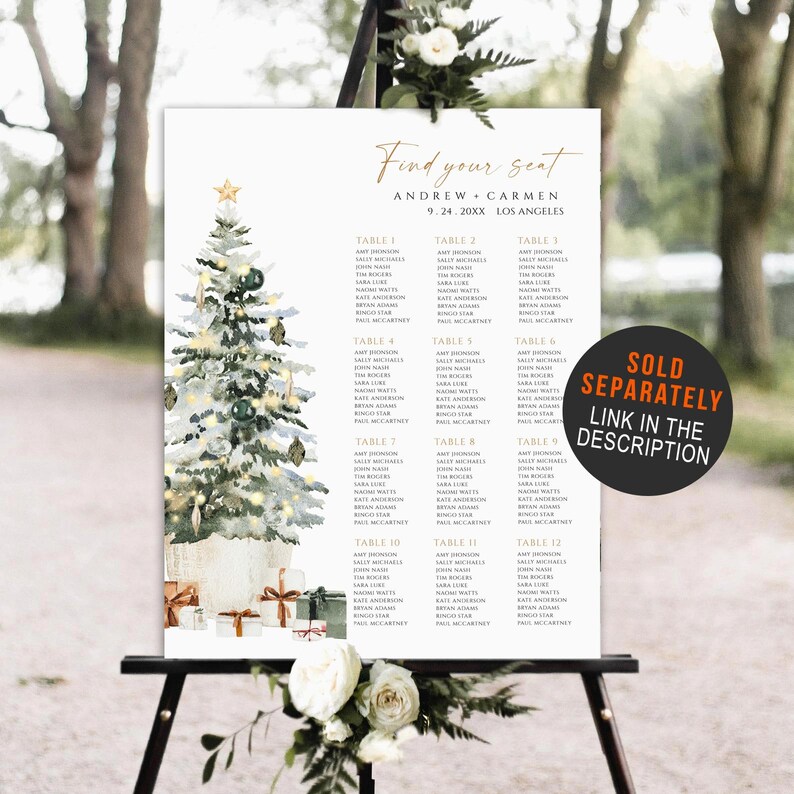 May include: A wedding seating chart featuring a watercolor Christmas tree design. The sign includes the names Andrew and Carmen, the date, and the location. The sign is displayed on a black easel with floral accents. Text on the sign reads "Find your seat".