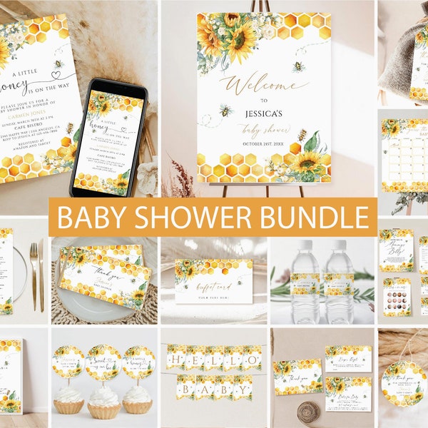 Honey Bee Baby Shower Bundle, Bee Baby Shower Invitation Bundle, Sunflower Bee Shower Invite Set,Sunflower Bee Hive Baby Shower Sign & Decor