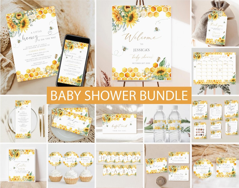 Honey Bee Baby Shower Bundle, Bee Baby Shower Invitation Bundle, Sunflower Bee Shower Invite Set,Sunflower Bee Hive Baby Shower Sign & Decor bild 1