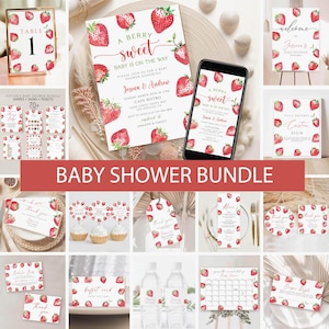 Strawberry Baby Shower Invitation Bundle, Berry Sweet Baby Shower Bundle, Strawberry Baby Shower Games, Invite, Welcome Sign, Signs Download