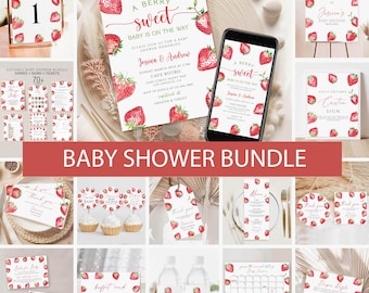May include: A baby shower bundle with a strawberry theme. The bundle includes invitations, signs, and other party supplies. The invitations say "A Berry Sweet Baby is on the Way." The signs include a welcome sign and table numbers.