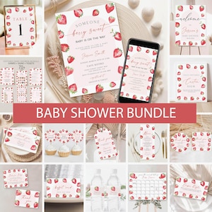 Strawberry Baby Shower Invitation bundle, Berry Baby Shower Games, Berry Sweet Baby Shower Invite, Baby Girl Shower Welcome Signs Download