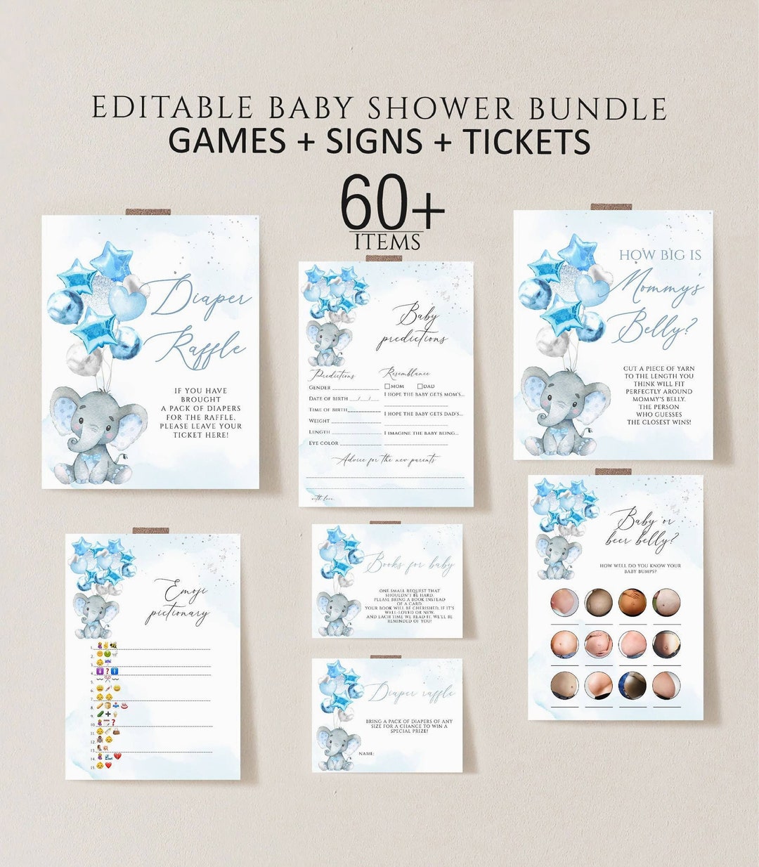 Editable Baby Shower Games Bundle, Blue Elephant, Instant Download ...