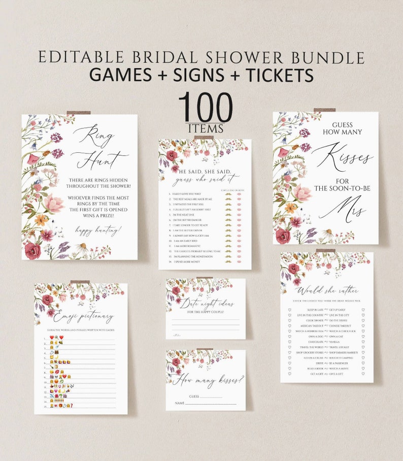 Wildflower Bridal Shower Games, Printable Bridal Shower Games, Boho Wedding Shower Games, Editable Bridal Party Games, Floral Bridal shower image 1